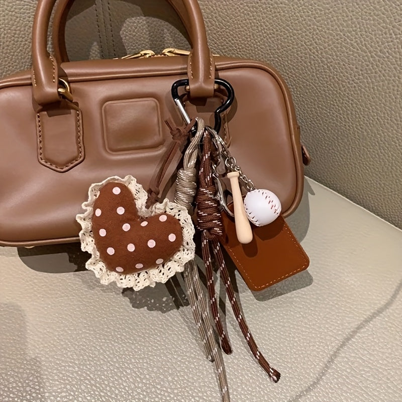 Cute Plush Heart Keychain with Lace Trim - Soft Flannel Bag Charm for Women, Perfect for Keys, Backpacks & Handbags, Keychain Accessories