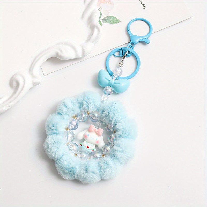 Sanrio for kuromi & for My Melody Plush Keychain - Cute Round Ring Design with Pink & White Beads