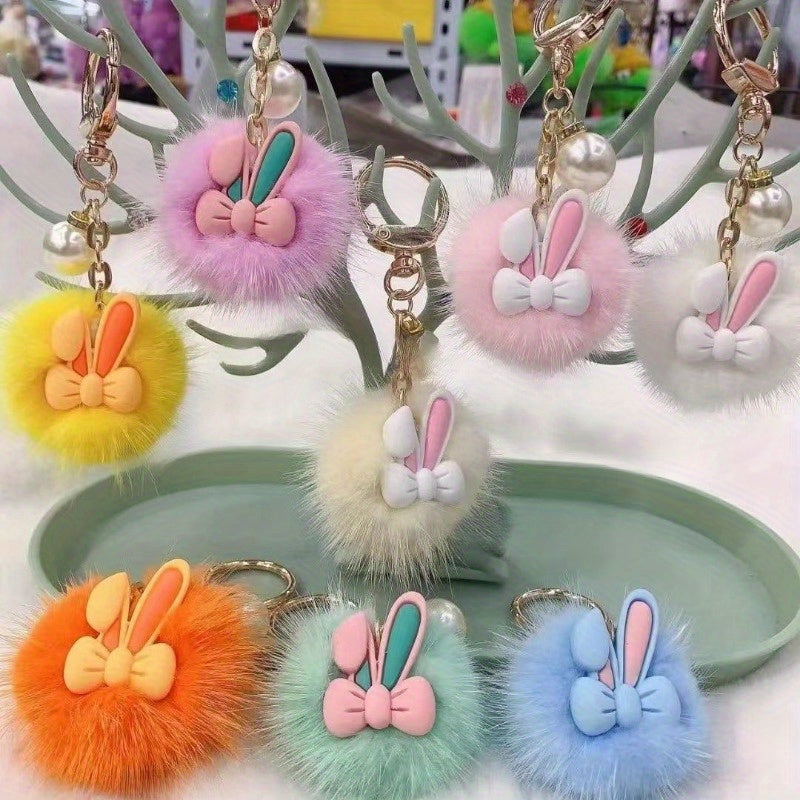 Cute Bunny Plush Keychain Charm Pack - Soft Fluffy Pom-Pom Rabbit Keyrings with Pearl Accents