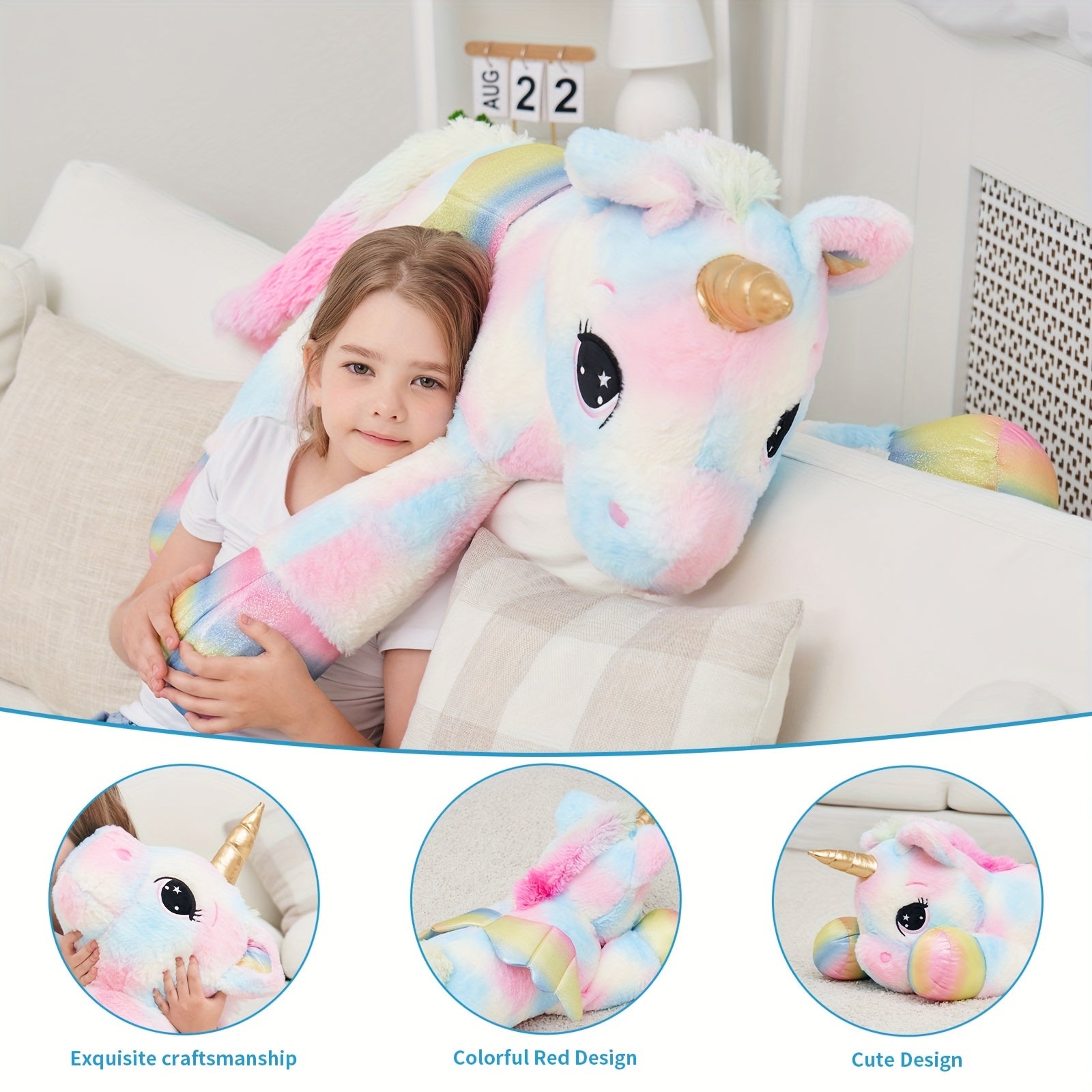 44inch Huge Rainbow Unicorn Squishy Plush Toy, Giant Golden Unicorn Stuffed Animals Soft Cute Unicorn Gift For Kids Boys Girls Girlfriend Birthday Easter