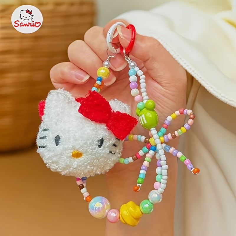1pc Sanrio Hello Kitty Y2K Plush Beaded Keychain with Colorful Beads & Red Bow - Cute Bag Charm