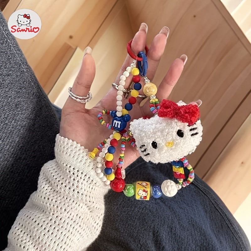 1pc Sanrio Hello Kitty Y2K Plush Beaded Keychain with Colorful Beads & Red Bow - Cute Bag Charm