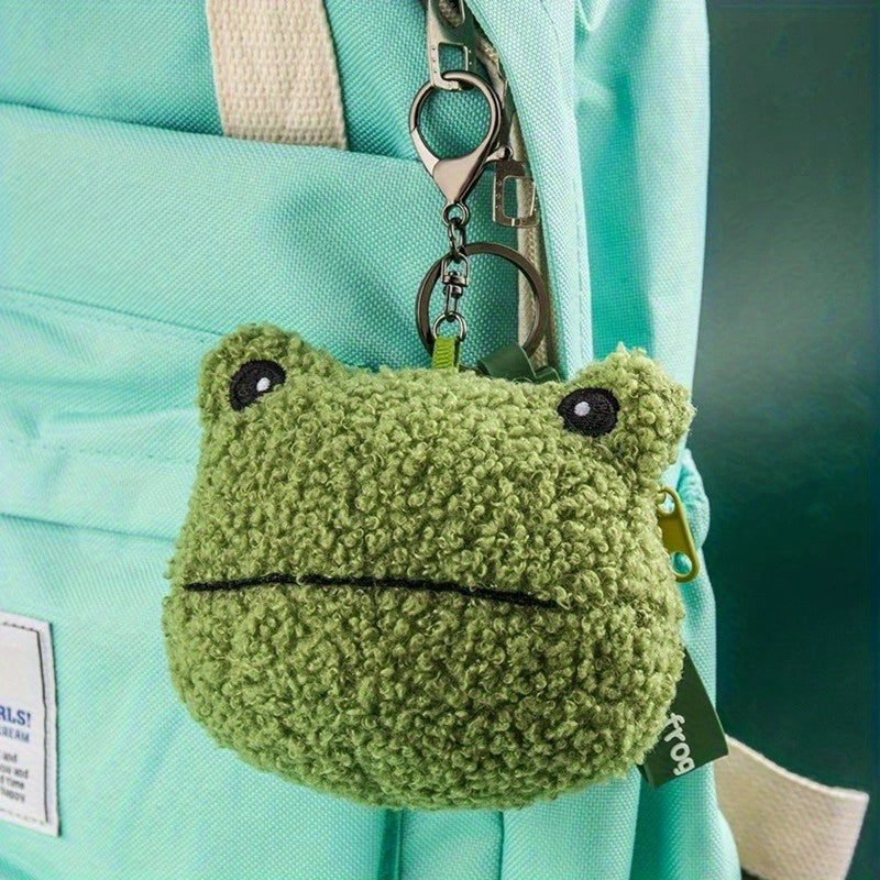 Adorable Green Frog Plush Keychain Wallet – Soft Faux Fur Zippered Pouch for Coins, Earphones & Small Items