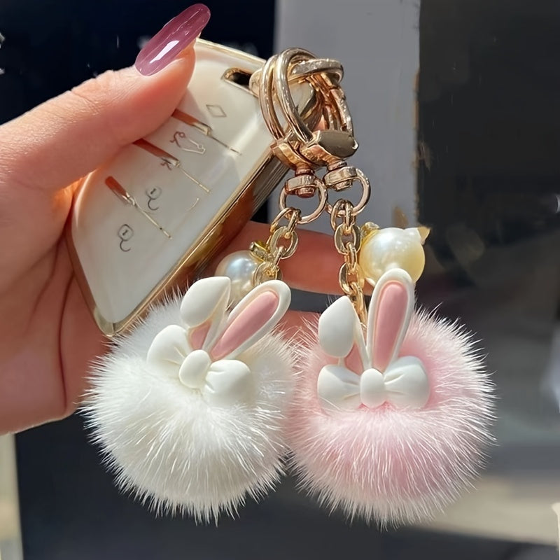 Cute Bunny Plush Keychain Charm Pack - Soft Fluffy Pom-Pom Rabbit Keyrings with Pearl Accents