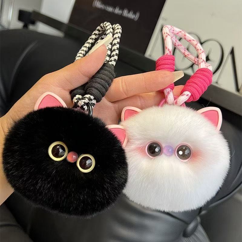 1pc Cute Plush Kitten Keychain - Soft Fluffy Pendant with Expressive Eyes, Black or White - Bag Charm, Car Keyring