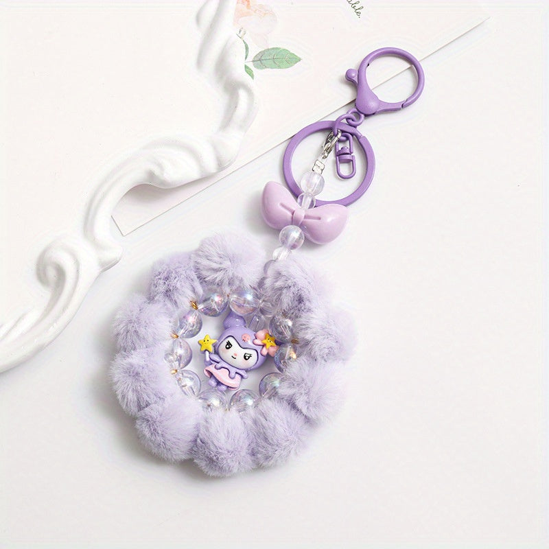 Sanrio for kuromi & for My Melody Plush Keychain - Cute Round Ring Design with Pink & White Beads