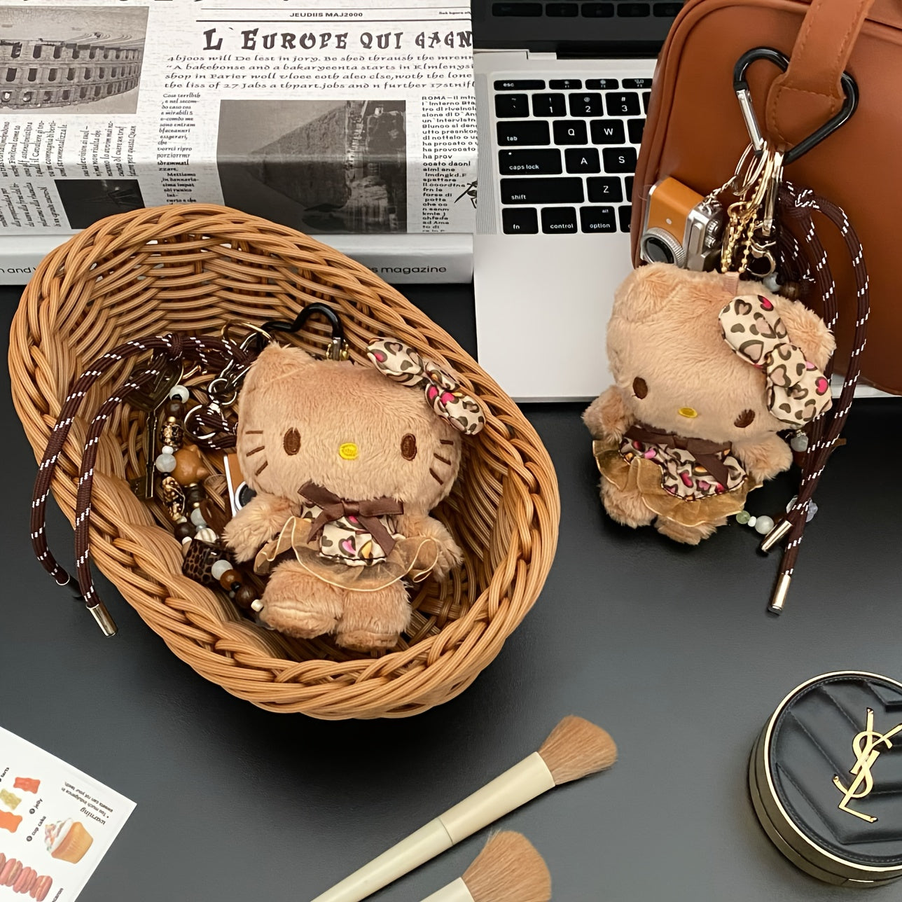 1pc for hello kitty Leopard Print Keychain - Cute Plush Bag Charm, Car Key Pendant, Braided Cord Doll Accessory