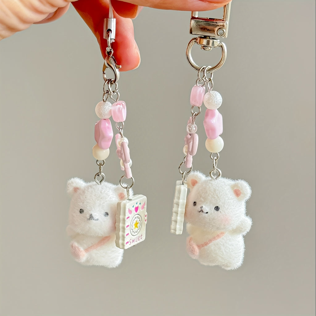 Cute Plush bear keychain with chaining links - Soft Fluffy Ears, Pastel Colors (White\u002FPink\u002F) - Bag Charm
