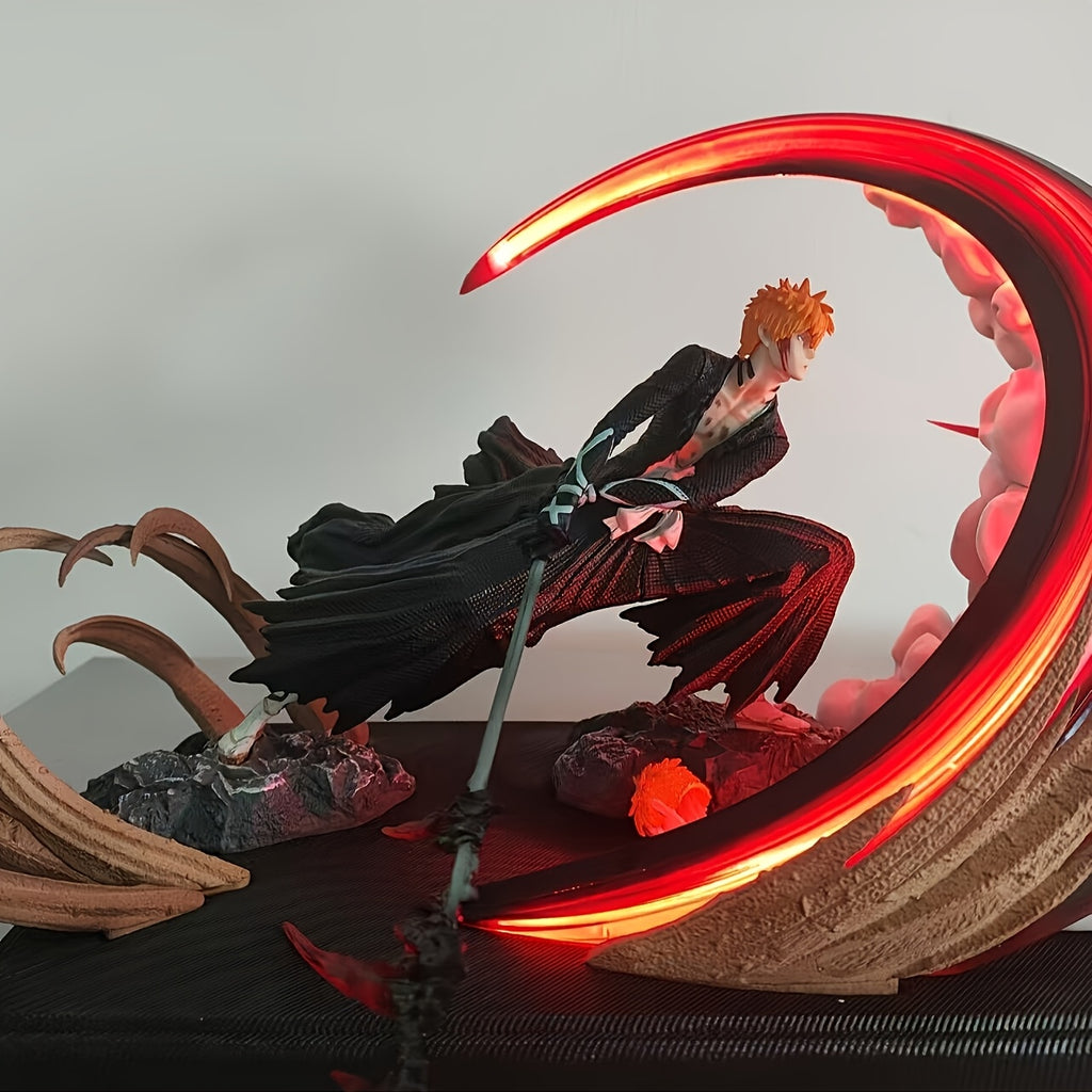 Anime Action Figure - Dynamic Sword-Wielding Character with Vibrant Red & Golden Energy Effects, Black Outfit & Orange Hair, PVC Collectible Gift for Fans, Car Dashboard Decor, Anime Figure