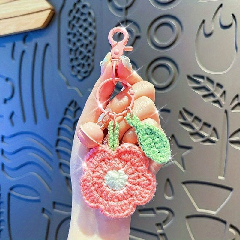 Charming Plush Flower Keychain - Soft Yarn Crocheted Cartoon Design with Pink & Green Accents, Ideal for Couples' Bags & Christmas Birthday Gifts, Cute Keychain