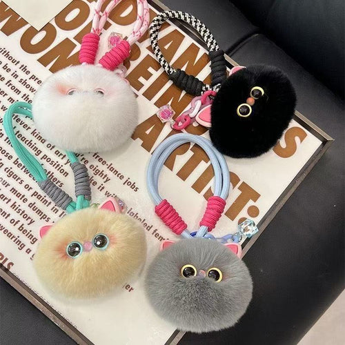 1pc Cute Plush Kitten Keychain - Soft Fluffy Pendant with Expressive Eyes, Black or White - Bag Charm, Car Keyring