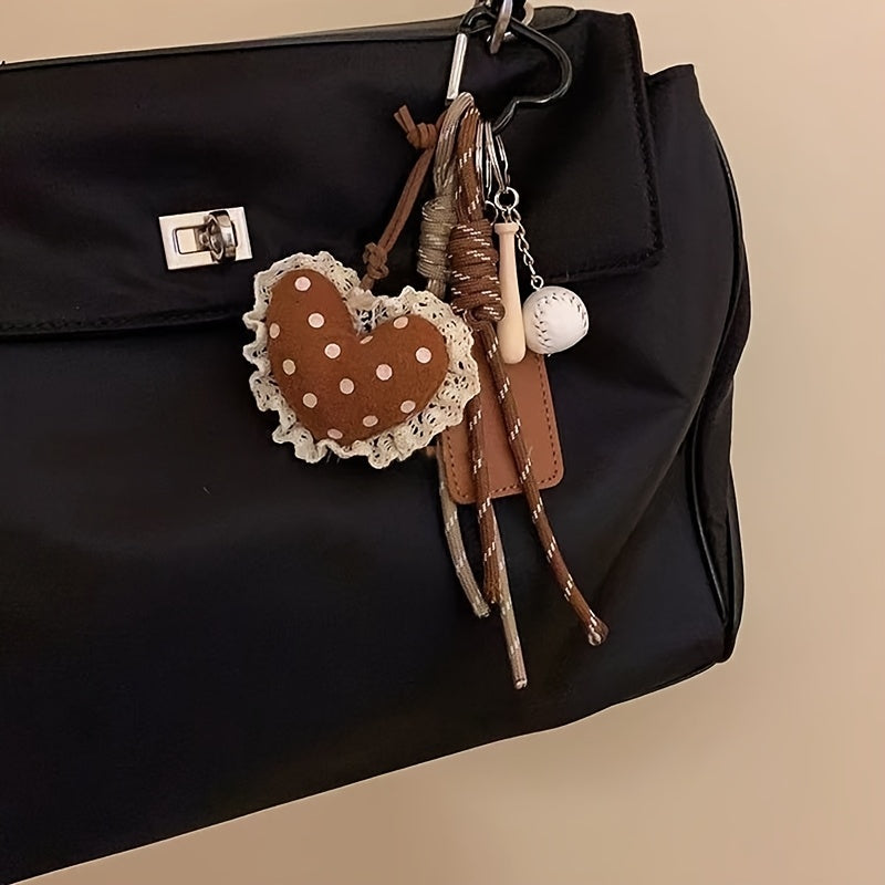 Cute Plush Heart Keychain with Lace Trim - Soft Flannel Bag Charm for Women, Perfect for Keys, Backpacks & Handbags, Keychain Accessories