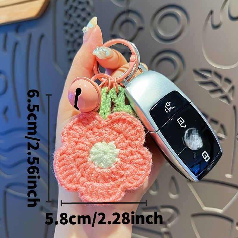 Charming Plush Flower Keychain - Soft Yarn Crocheted Cartoon Design with Pink & Green Accents, Ideal for Couples' Bags & Christmas Birthday Gifts, Cute Keychain