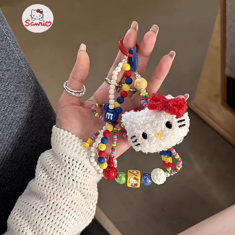 1pc Sanrio Hello Kitty Y2K Plush Beaded Keychain with Colorful Beads & Red Bow - Cute Bag Charm