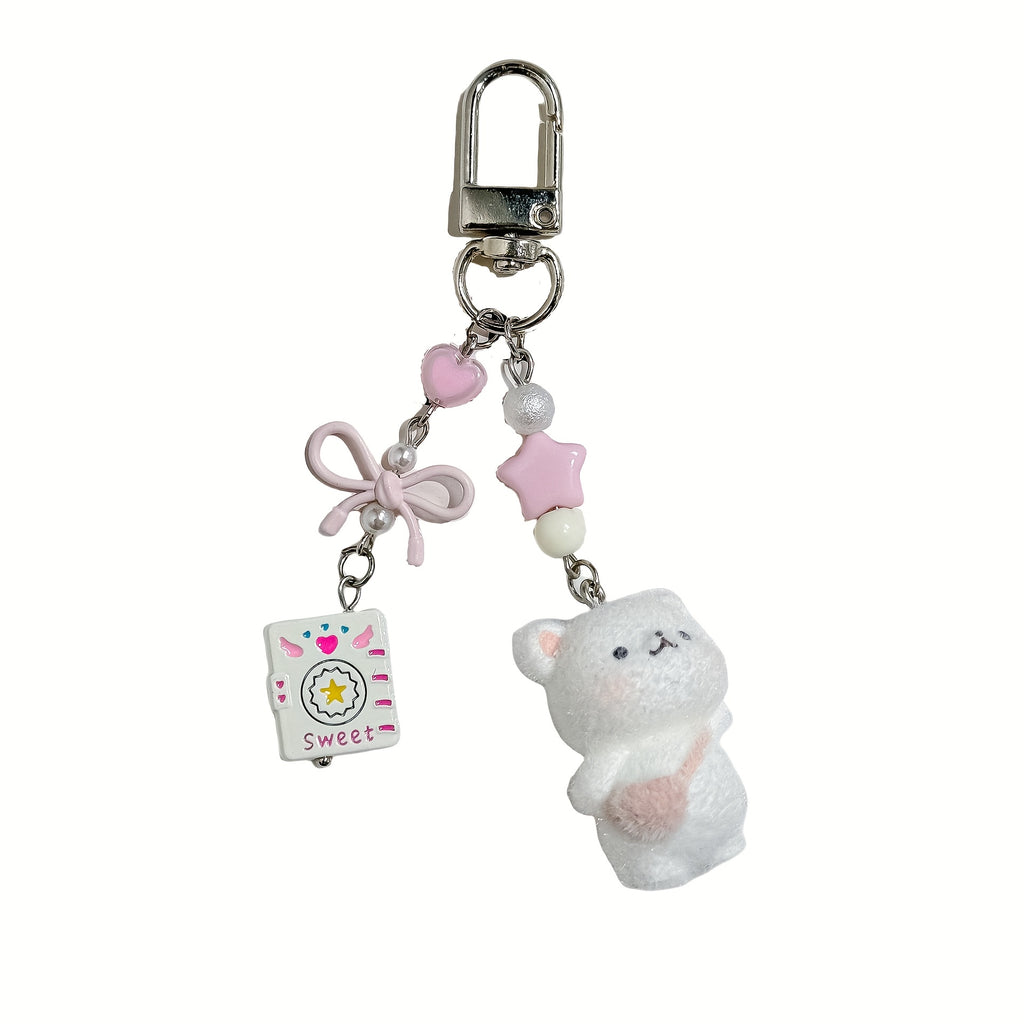 Cute Plush bear keychain with chaining links - Soft Fluffy Ears, Pastel Colors (White\u002FPink\u002F) - Bag Charm