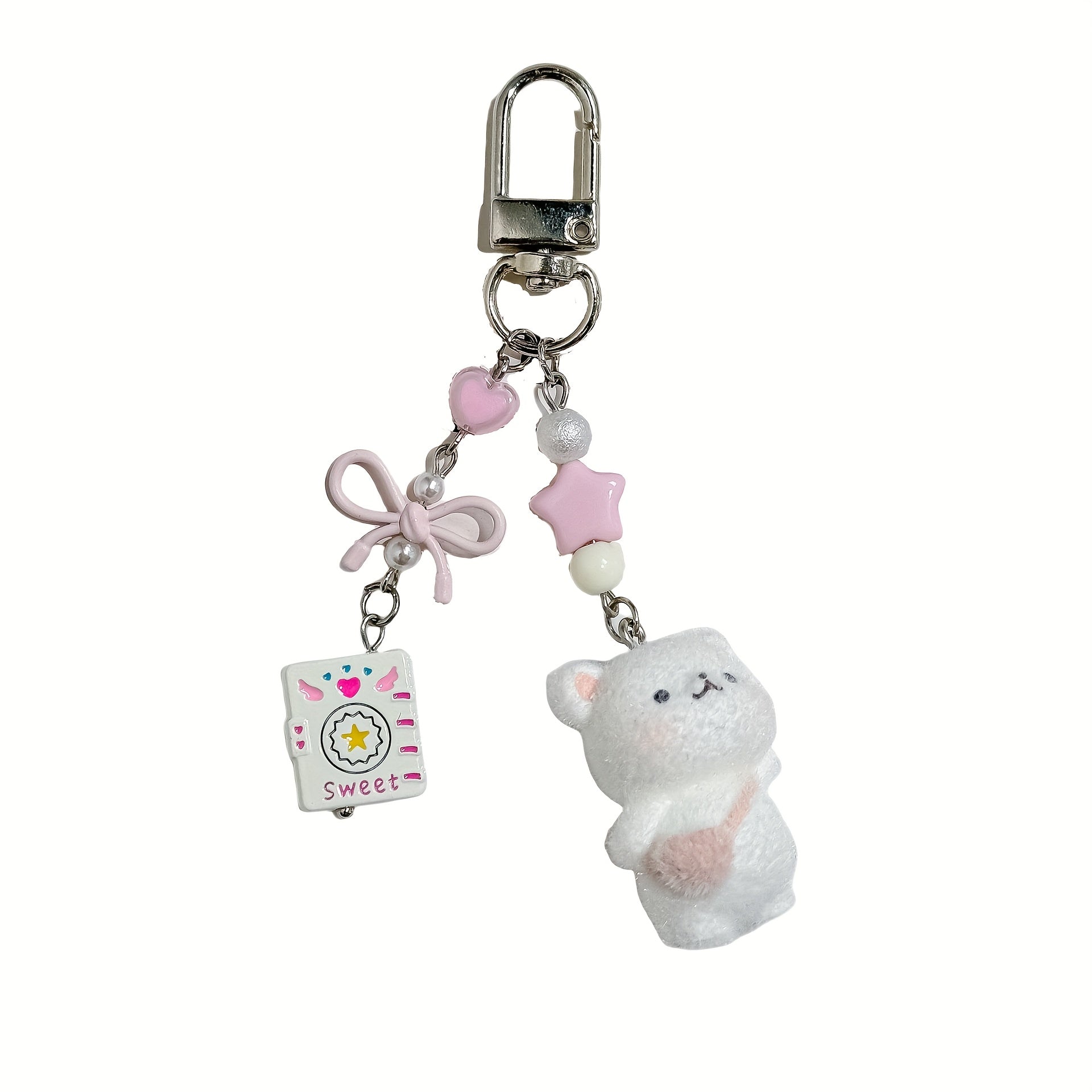 Cute Plush bear keychain with chaining links - Soft Fluffy Ears, Pastel Colors (White\u002FPink\u002F) - Bag Charm