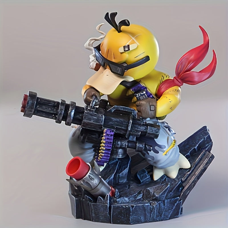 Anime Duck Figure Yellow Anime-Style Duck Character Figure with Red Glasses & Weapon | PVC Material on Black Rock Base, Dynamic Pose Home Decor, Christmas Halloween Thanksgiving Gift for Anime Fans