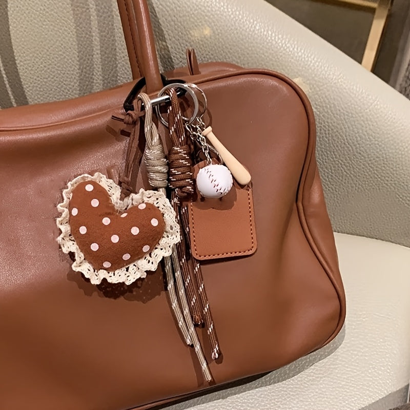 Cute Plush Heart Keychain with Lace Trim - Soft Flannel Bag Charm for Women, Perfect for Keys, Backpacks & Handbags, Keychain Accessories