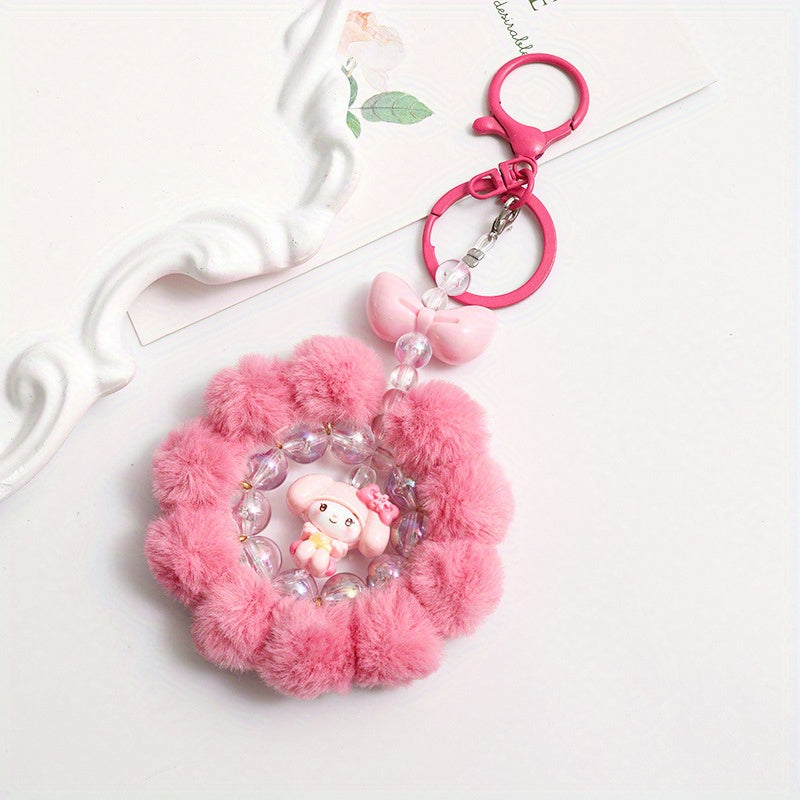 Sanrio for kuromi & for My Melody Plush Keychain - Cute Round Ring Design with Pink & White Beads