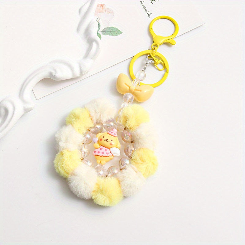Sanrio for kuromi & for My Melody Plush Keychain - Cute Round Ring Design with Pink & White Beads