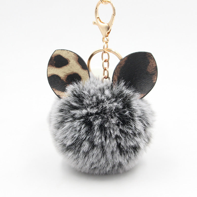 Adorable Plush Cat Ear Keychain with Leopard Print Ears & Fluffy Ball - Golden-Tone Key Ring for Bags