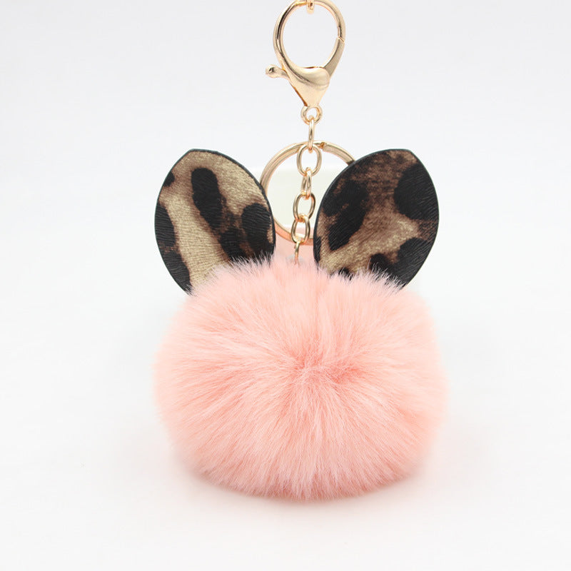 Adorable Plush Cat Ear Keychain with Leopard Print Ears & Fluffy Ball - Golden-Tone Key Ring for Bags