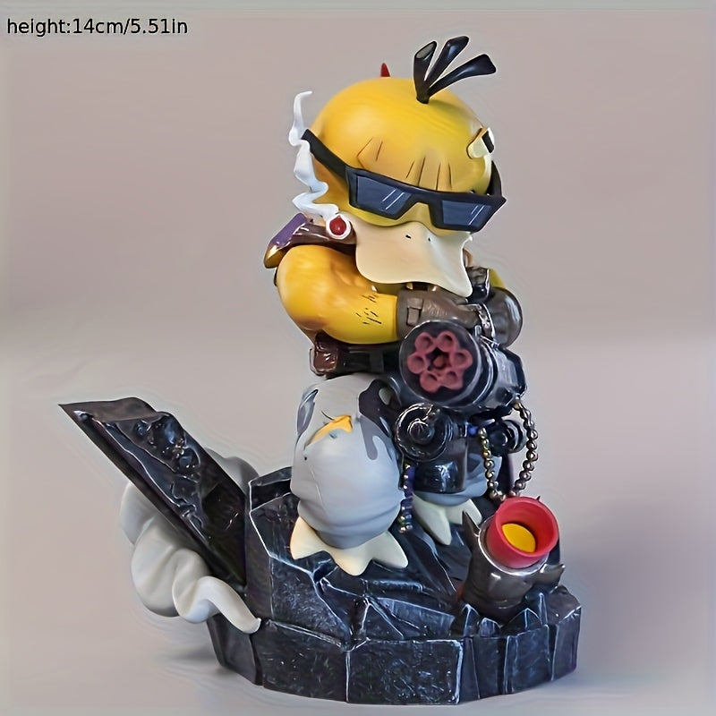 Anime Duck Figure Yellow Anime-Style Duck Character Figure with Red Glasses & Weapon | PVC Material on Black Rock Base, Dynamic Pose Home Decor, Christmas Halloween Thanksgiving Gift for Anime Fans