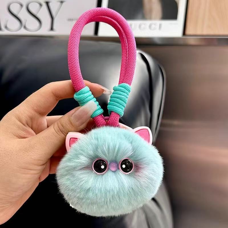 1pc Cute Plush Kitten Keychain - Soft Fluffy Pendant with Expressive Eyes, Black or White - Bag Charm, Car Keyring