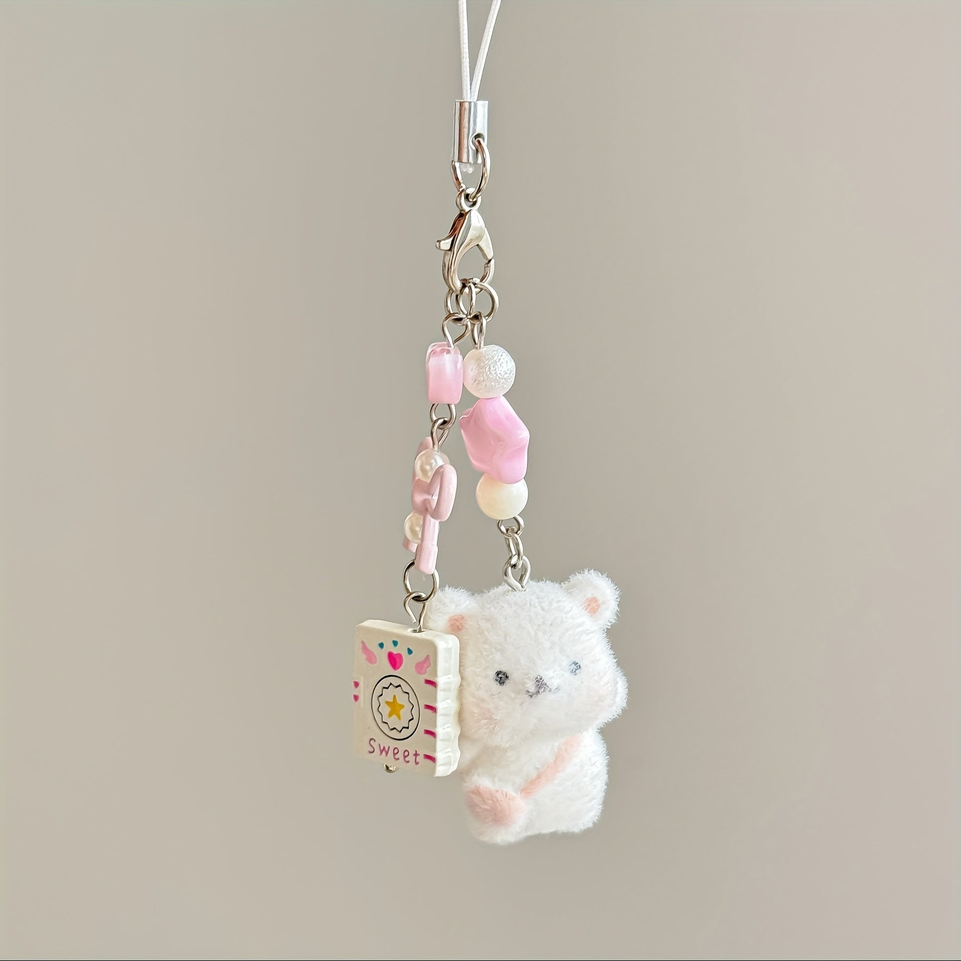 Cute Plush bear keychain with chaining links - Soft Fluffy Ears, Pastel Colors (White\u002FPink\u002F) - Bag Charm