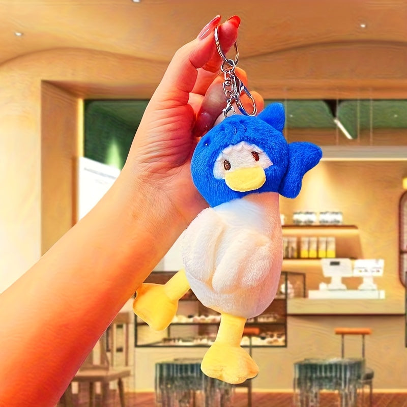 1pc Cute Duck Plush Keychain & Backpack Charm - Soft Fluffy Stuffed Animal with Expressive Eyes, Blue\u002FWhite Feathers & Yellow Beak