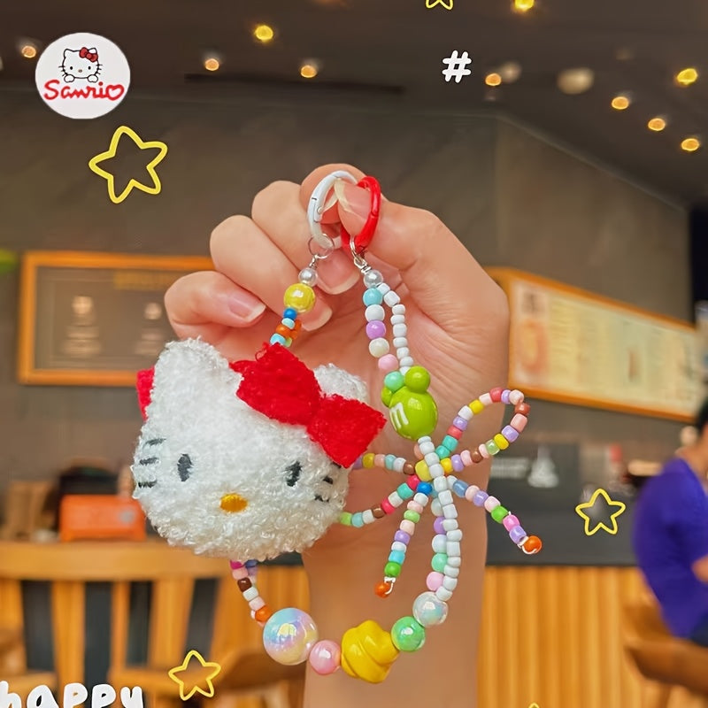 1pc Sanrio Hello Kitty Y2K Plush Beaded Keychain with Colorful Beads & Red Bow - Cute Bag Charm