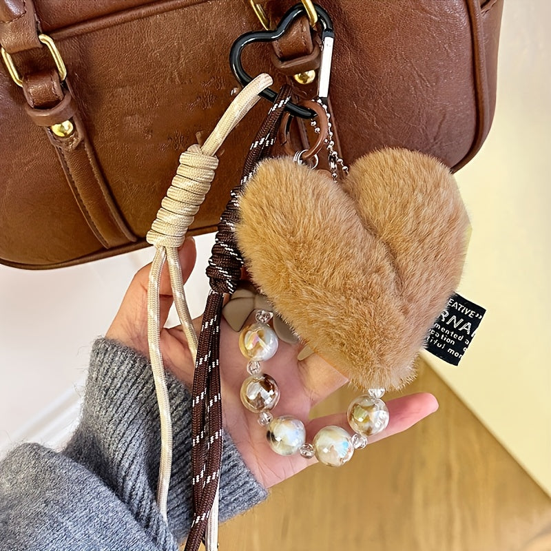 Cute Plush Heart Keychain with Lace Trim - Soft Flannel Bag Charm for Women, Perfect for Keys, Backpacks & Handbags, Keychain Accessories