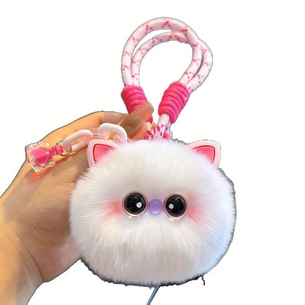 1pc Cute Plush Kitten Keychain - Soft Fluffy Pendant with Expressive Eyes, Black or White - Bag Charm, Car Keyring