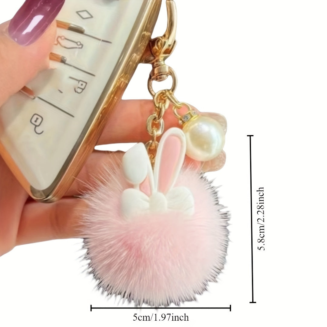 Cute Bunny Plush Keychain Charm Pack - Soft Fluffy Pom-Pom Rabbit Keyrings with Pearl Accents