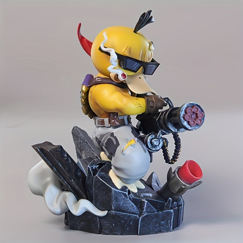 Anime Duck Figure Yellow Anime-Style Duck Character Figure with Red Glasses & Weapon | PVC Material on Black Rock Base, Dynamic Pose Home Decor, Christmas Halloween Thanksgiving Gift for Anime Fans