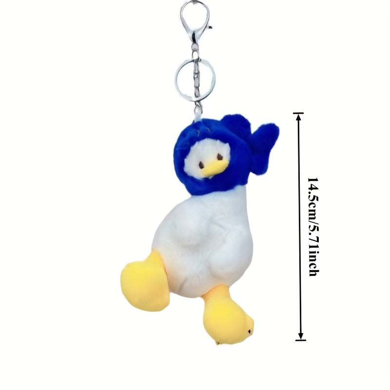 1pc Cute Duck Plush Keychain & Backpack Charm - Soft Fluffy Stuffed Animal with Expressive Eyes, Blue\u002FWhite Feathers & Yellow Beak