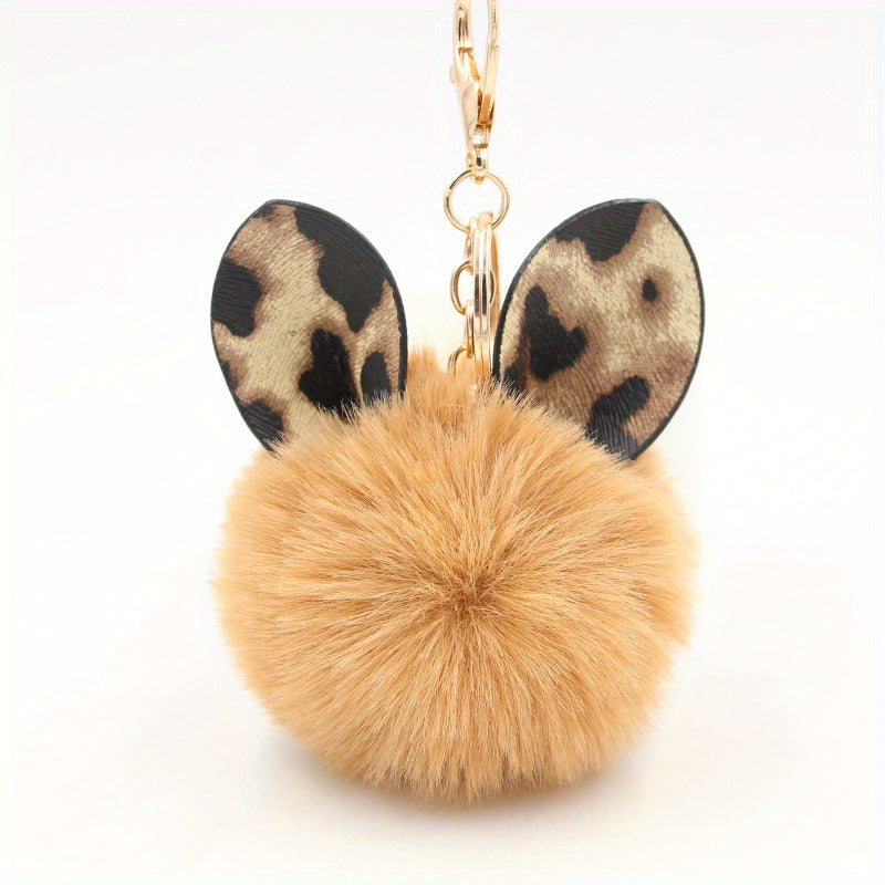 Adorable Plush Cat Ear Keychain with Leopard Print Ears & Fluffy Ball - Golden-Tone Key Ring for Bags