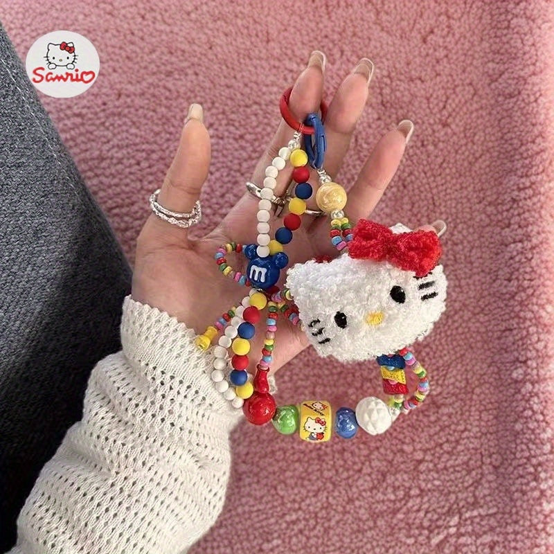 1pc Sanrio Hello Kitty Y2K Plush Beaded Keychain with Colorful Beads & Red Bow - Cute Bag Charm