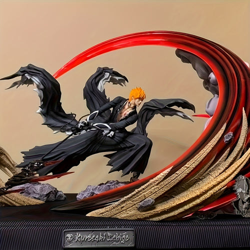 Anime Action Figure - Dynamic Sword-Wielding Character with Vibrant Red & Golden Energy Effects, Black Outfit & Orange Hair, PVC Collectible Gift for Fans, Car Dashboard Decor, Anime Figure