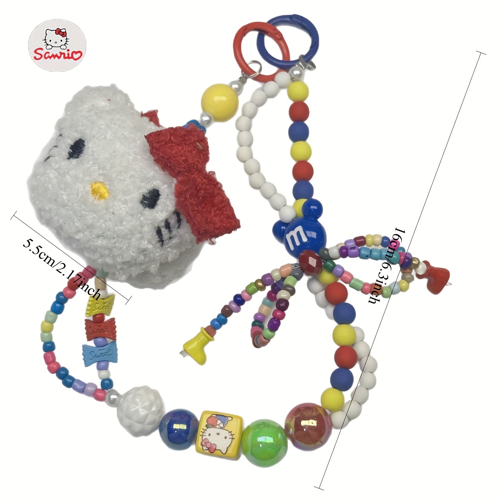 1pc Sanrio Hello Kitty Y2K Plush Beaded Keychain with Colorful Beads & Red Bow - Cute Bag Charm
