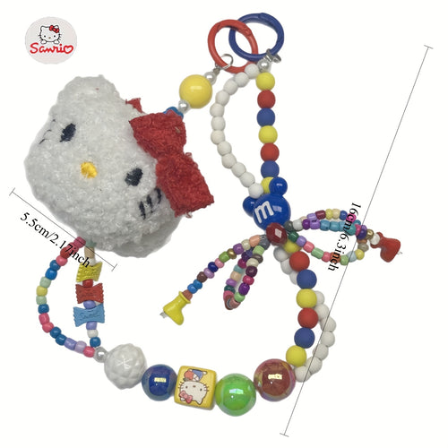 1pc Sanrio Hello Kitty Y2K Plush Beaded Keychain with Colorful Beads & Red Bow - Cute Bag Charm