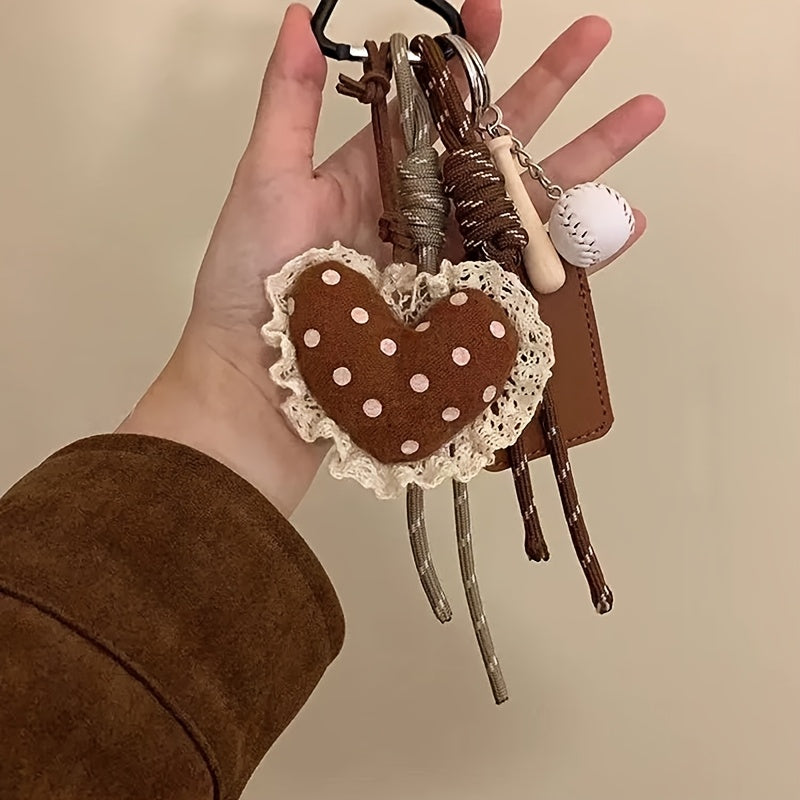Cute Plush Heart Keychain with Lace Trim - Soft Flannel Bag Charm for Women, Perfect for Keys, Backpacks & Handbags, Keychain Accessories