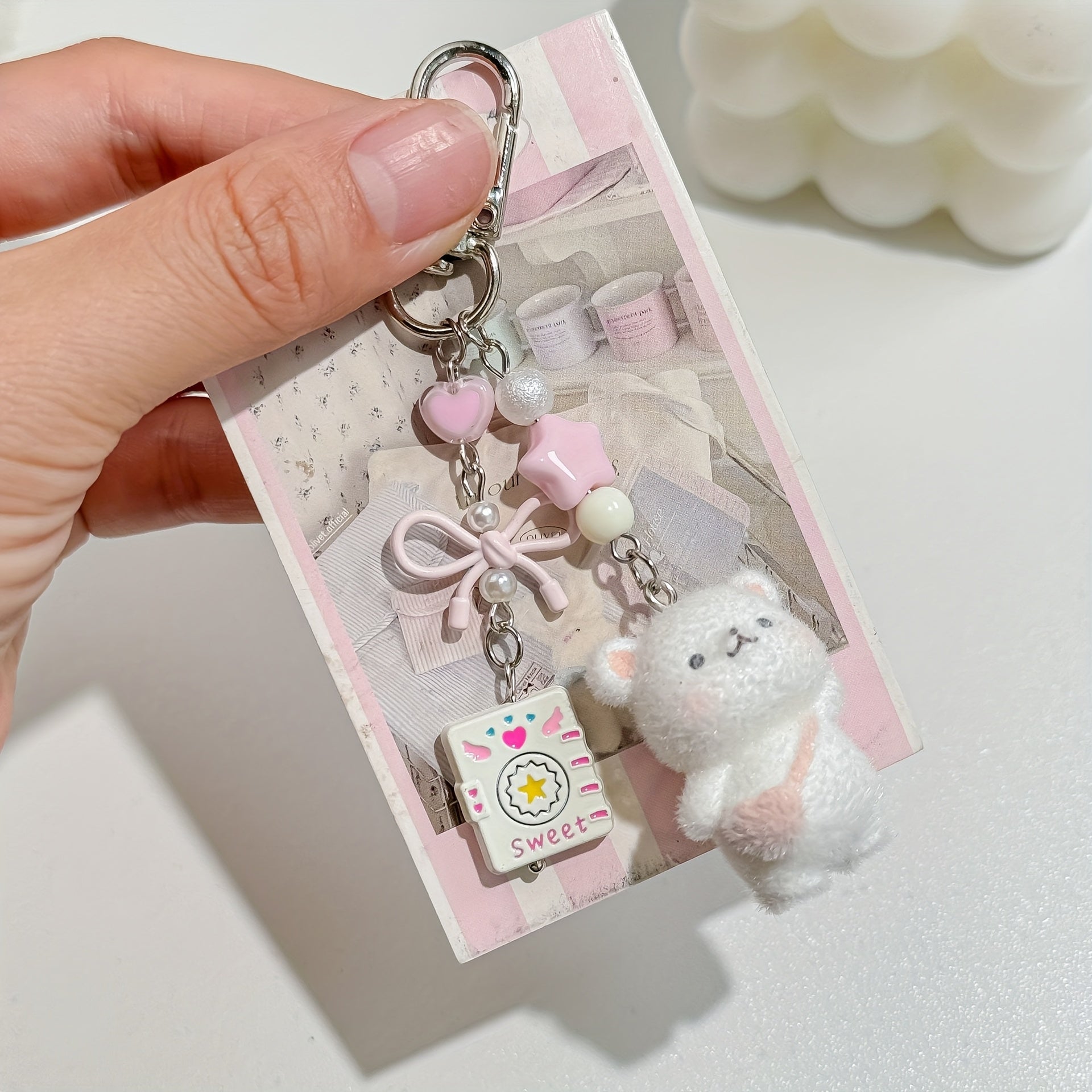 Cute Plush bear keychain with chaining links - Soft Fluffy Ears, Pastel Colors (White\u002FPink\u002F) - Bag Charm