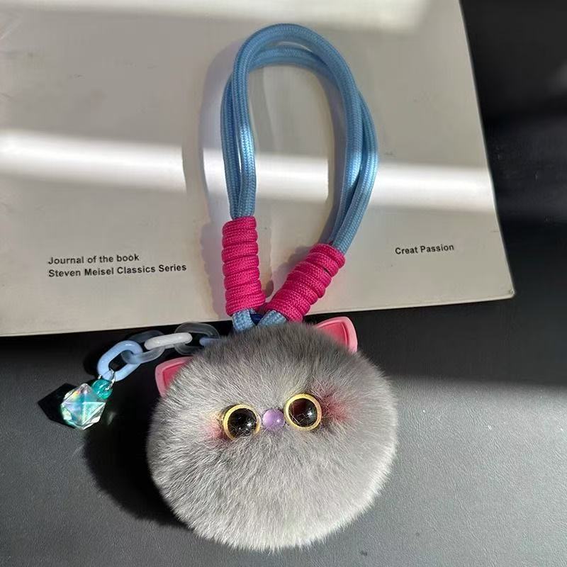 1pc Cute Plush Kitten Keychain - Soft Fluffy Pendant with Expressive Eyes, Black or White - Bag Charm, Car Keyring