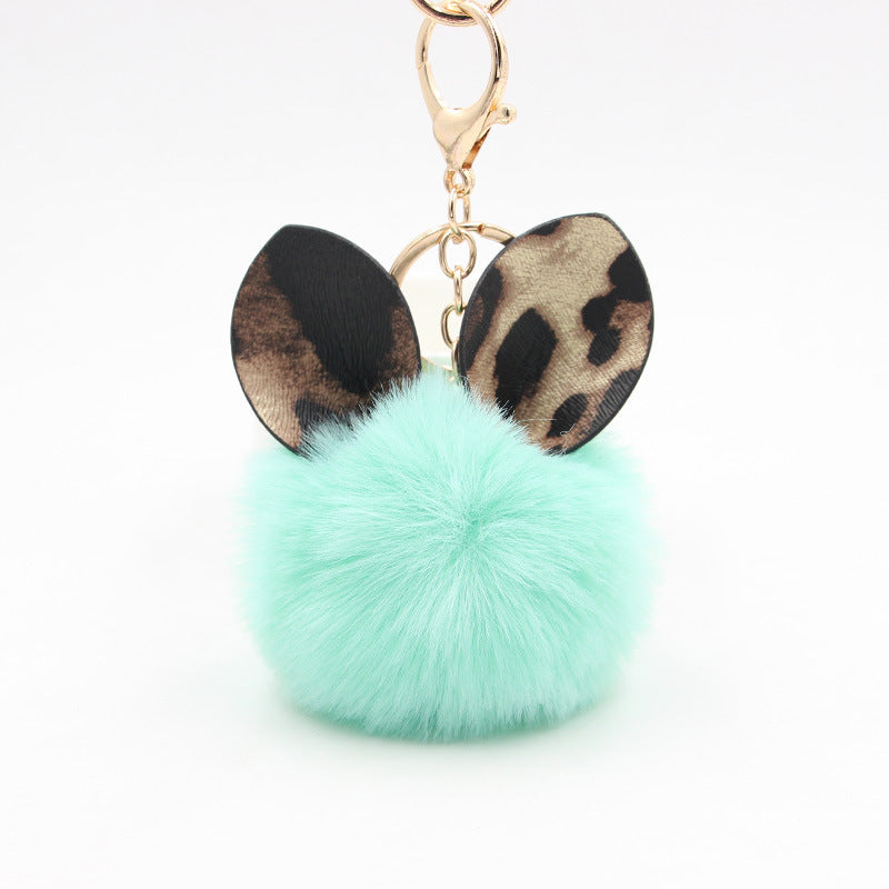 Adorable Plush Cat Ear Keychain with Leopard Print Ears & Fluffy Ball - Golden-Tone Key Ring for Bags