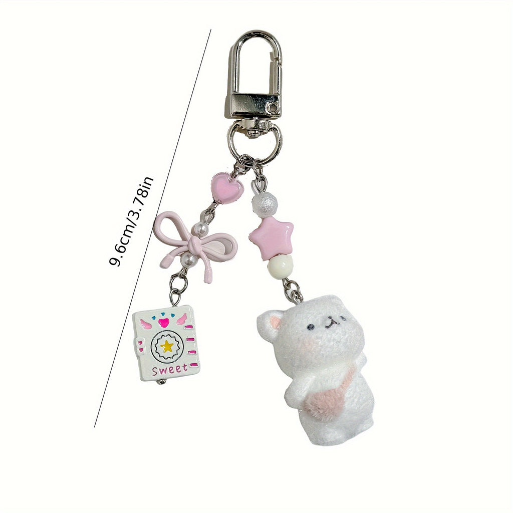 Cute Plush bear keychain with chaining links - Soft Fluffy Ears, Pastel Colors (White\u002FPink\u002F) - Bag Charm