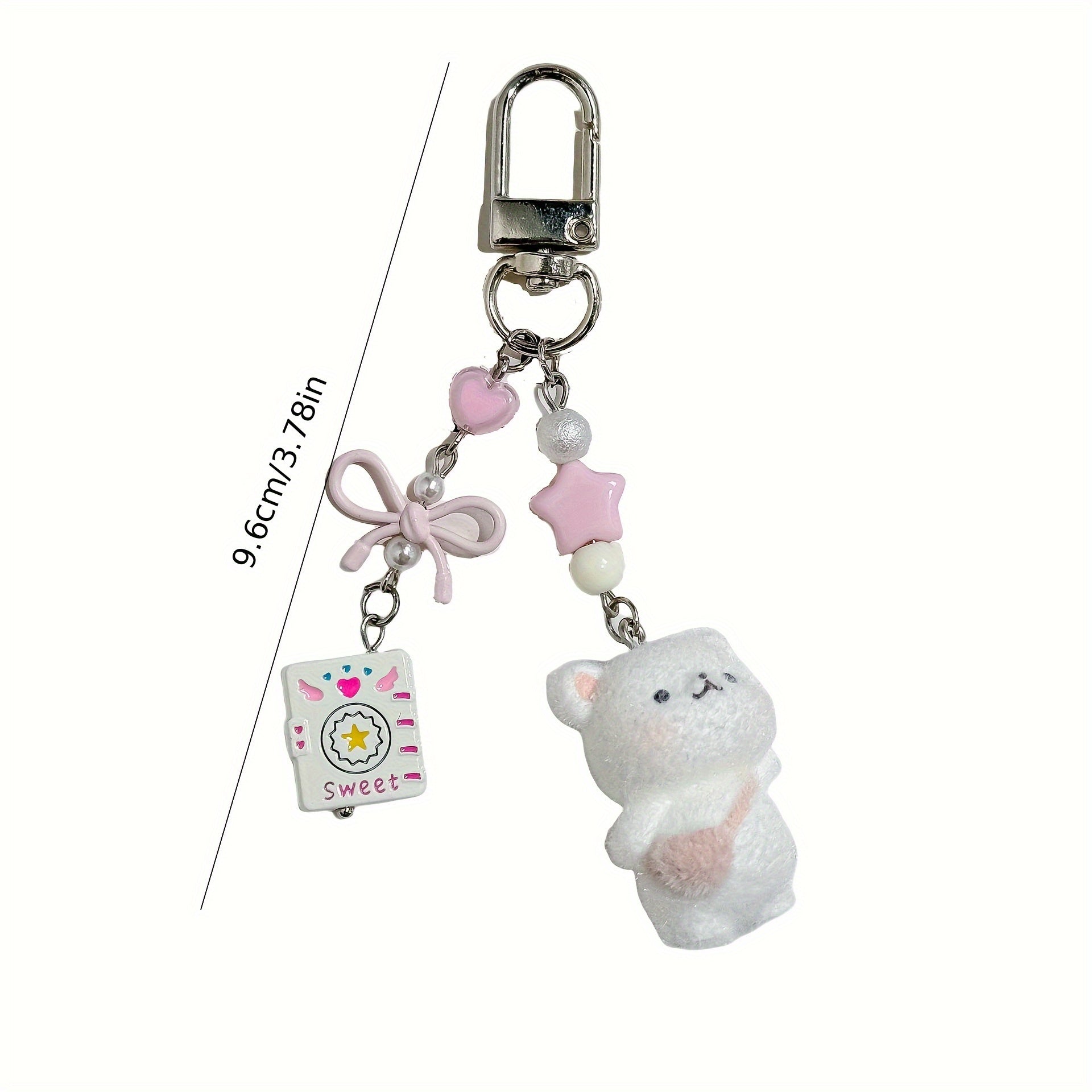Cute Plush bear keychain with chaining links - Soft Fluffy Ears, Pastel Colors (White\u002FPink\u002F) - Bag Charm