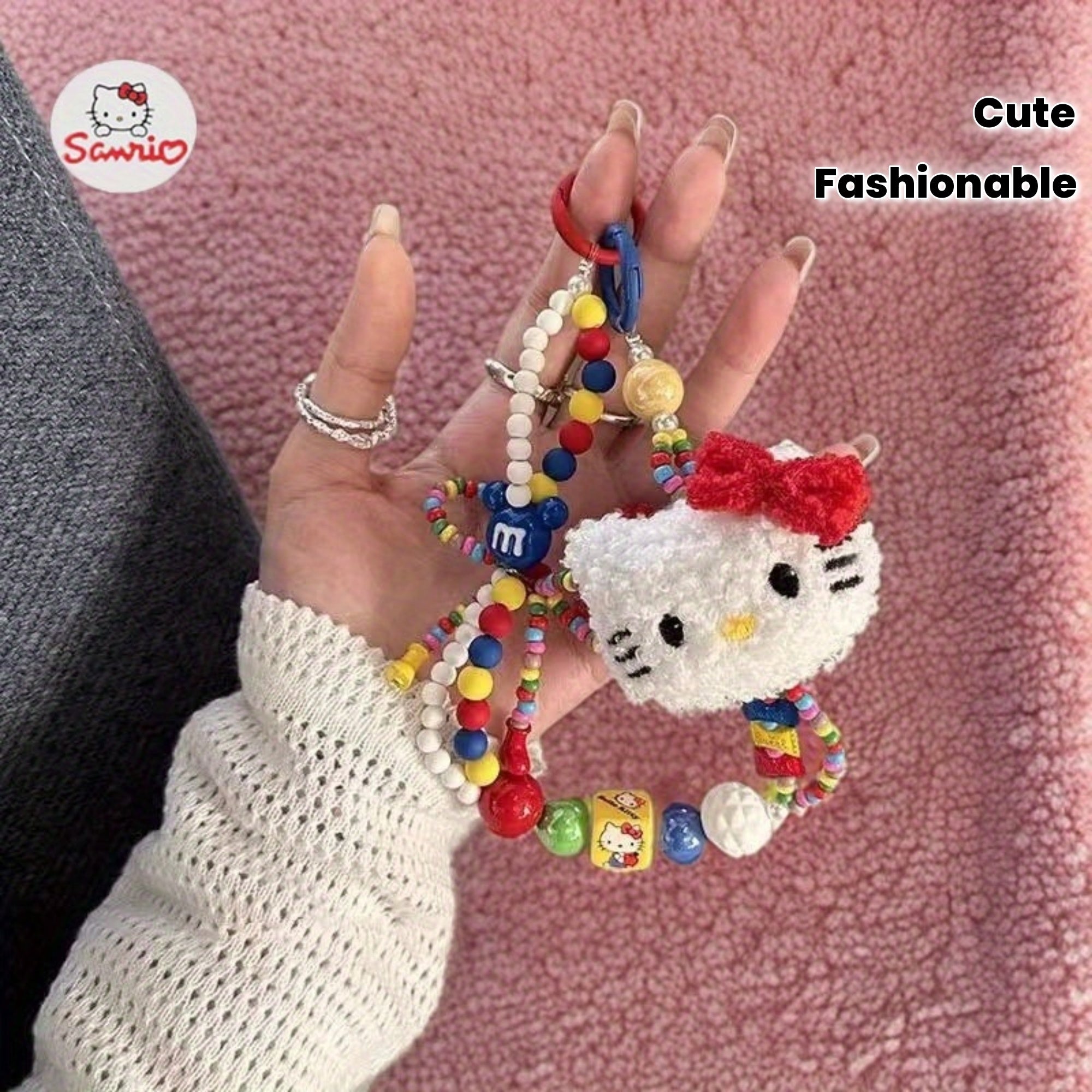 1pc Sanrio Hello Kitty Y2K Plush Beaded Keychain with Colorful Beads & Red Bow - Cute Bag Charm