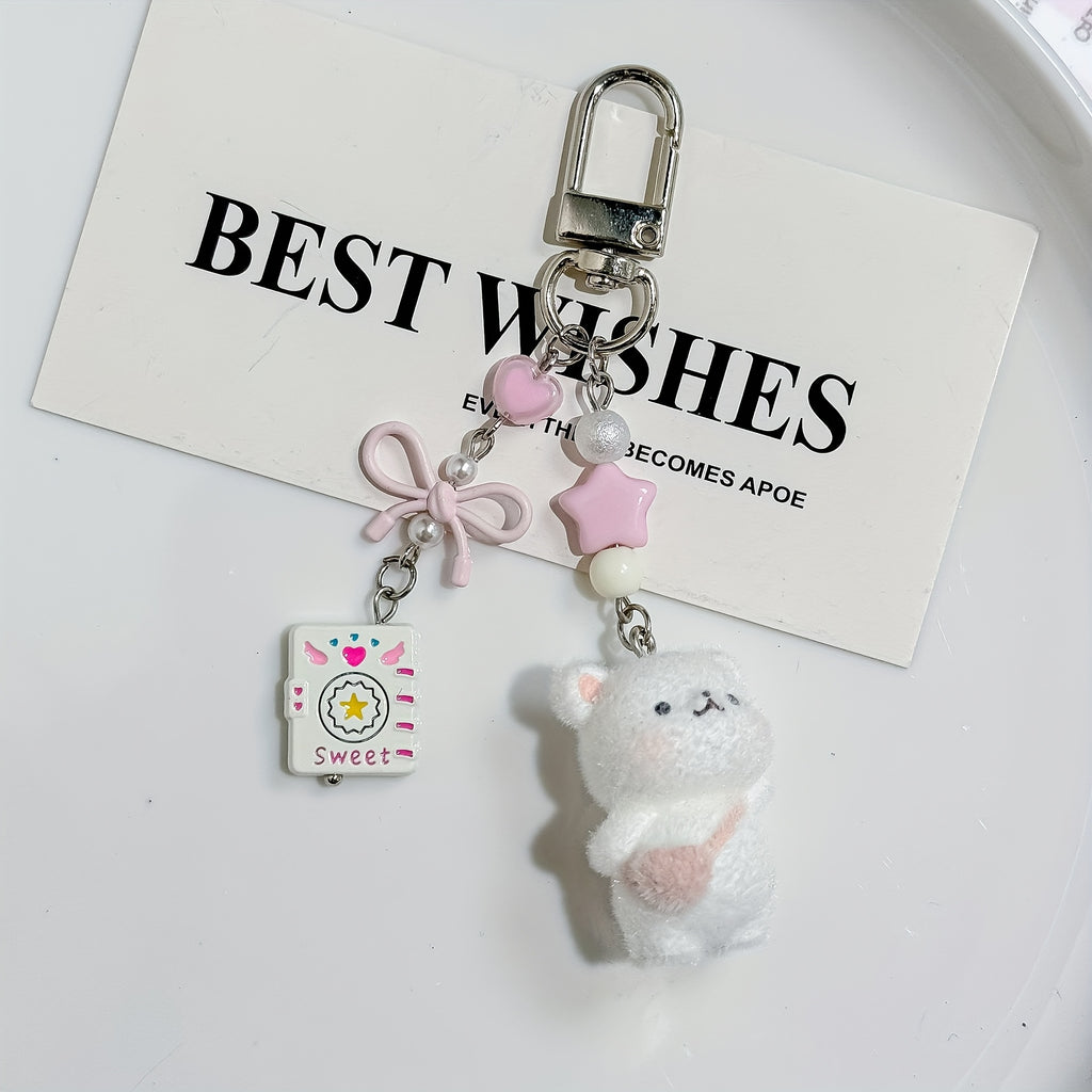 Cute Plush bear keychain with chaining links - Soft Fluffy Ears, Pastel Colors (White\u002FPink\u002F) - Bag Charm