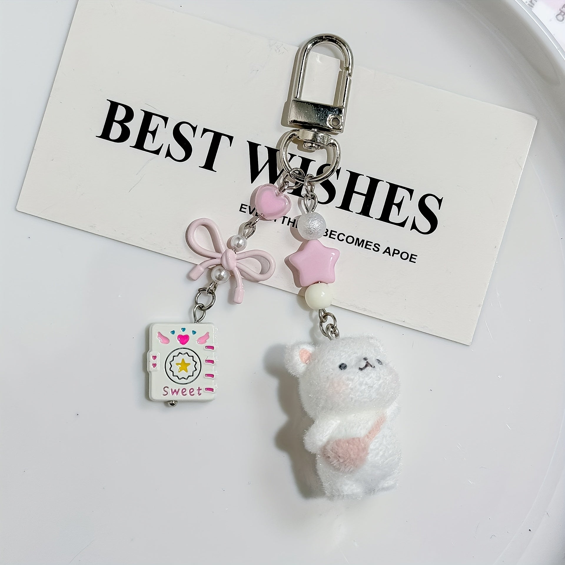 Cute Plush bear keychain with chaining links - Soft Fluffy Ears, Pastel Colors (White\u002FPink\u002F) - Bag Charm